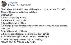 Shady Oaks DGC COVID-19 guidelines